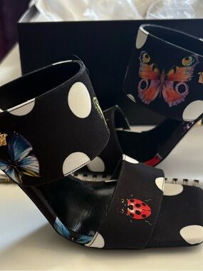 Versace Black & White Polka Dot Slide Sandals with Colorful Insect Motif